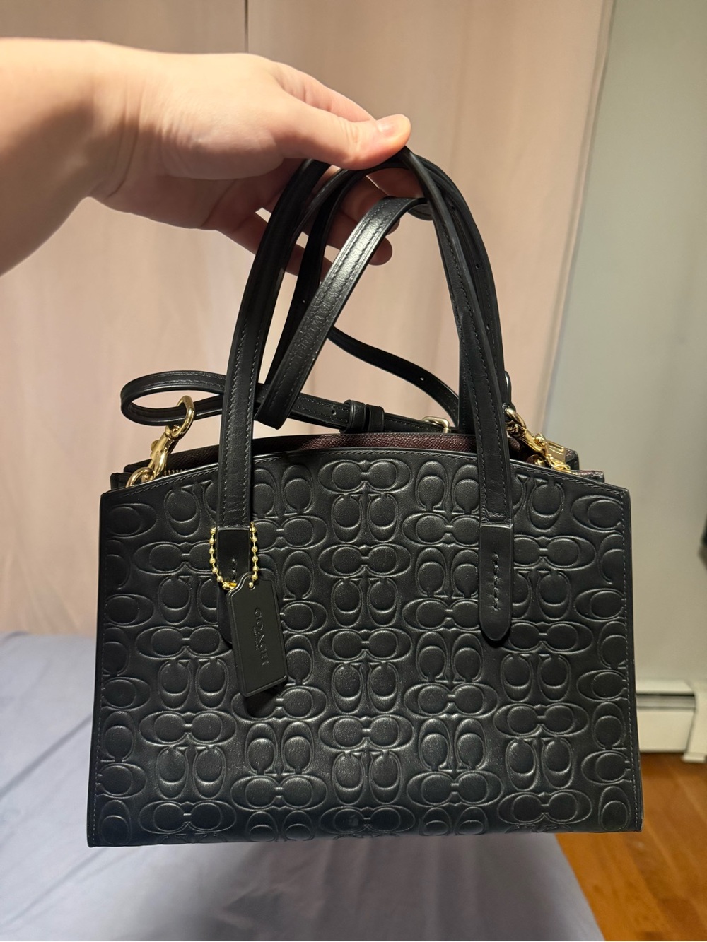 Coach Black Embossed Signature Leather Satchel with Gold-Tone Hardware